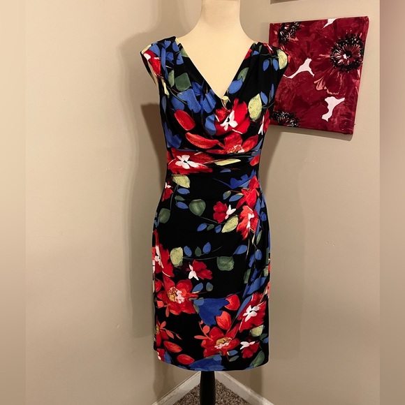 Ralph Lauren Black, Blue, Red and White Floral Sheath Dress, sz 8 - Picture 1 of 5